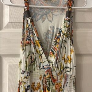 White and Yellow Sleeveless Plunge Maxi Sundress